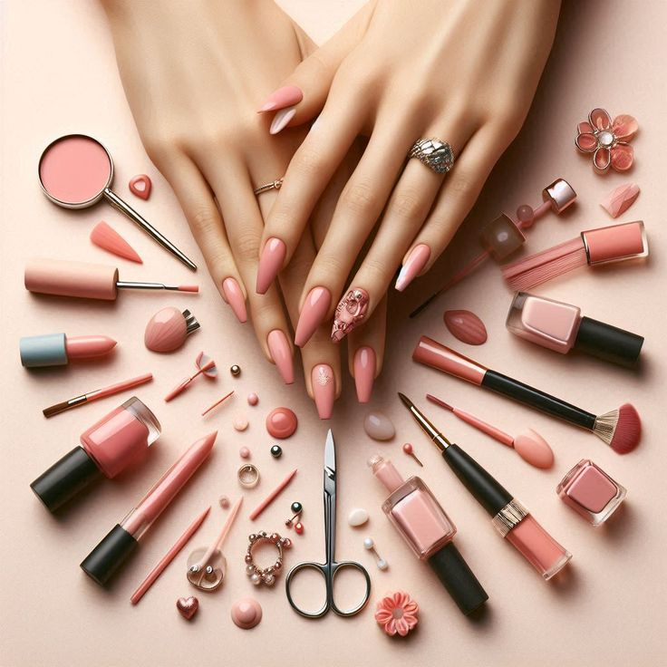 Manos con manicura y herramientas de uñas en tonos rosados