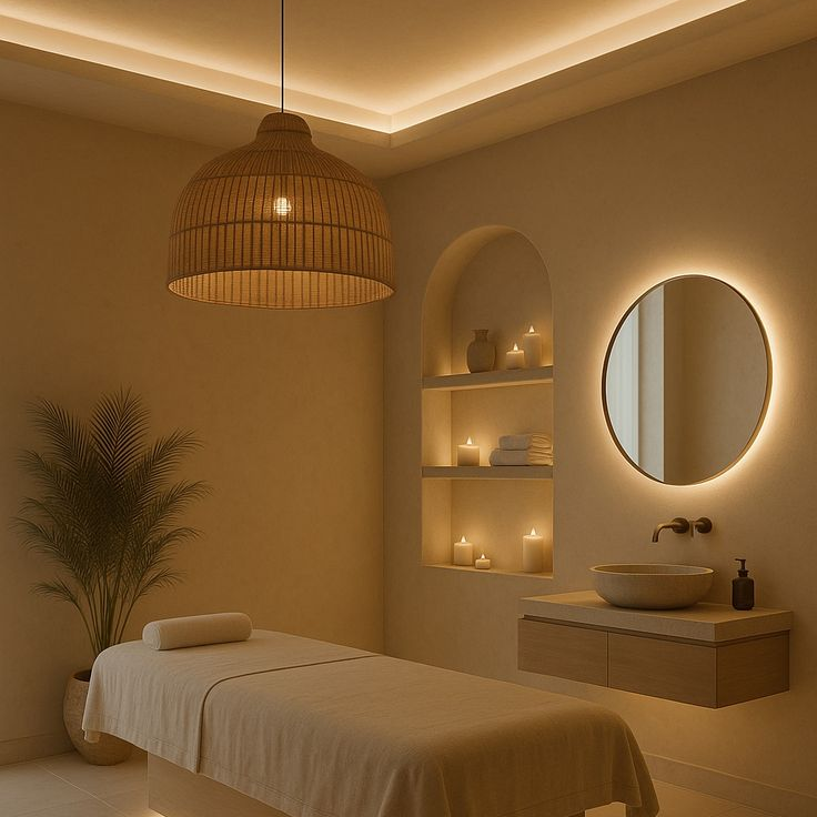 Sala de spa cálida y elegante para tratamientos de estética y bienestar