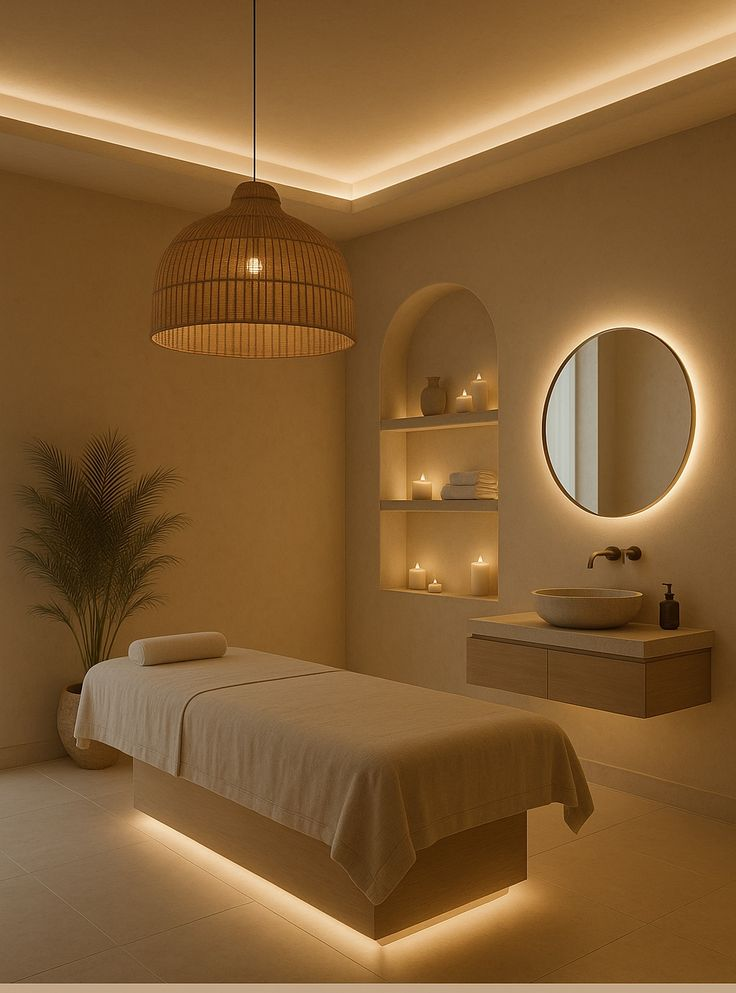 Sala de spa cálida y elegante para un centro de estética y bienestar